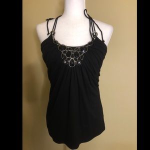 WHBM Black Halter tie top with jewels.